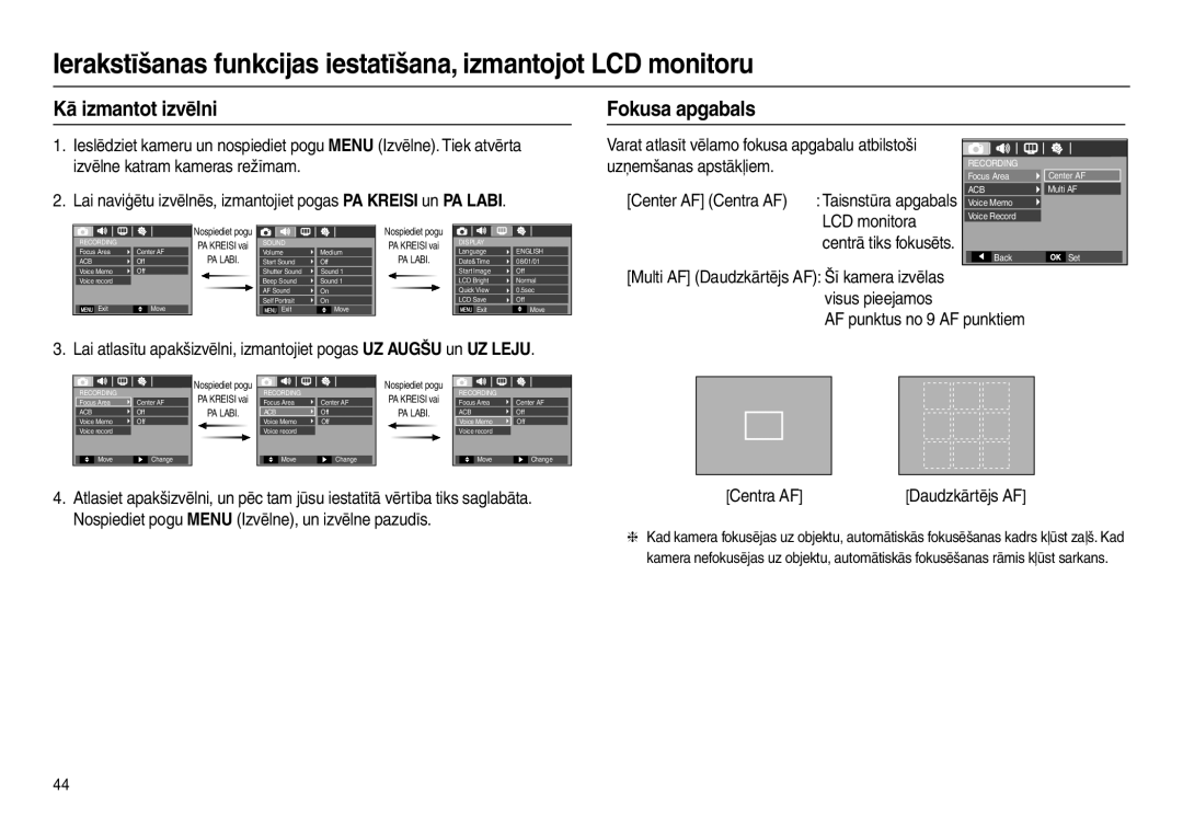 Samsung EC-L100ZBBA/RU manual Kā izmantot izvēlni Fokusa apgabals, LCD monitora, AF punktus no 9 AF punktiem, Centra AF 