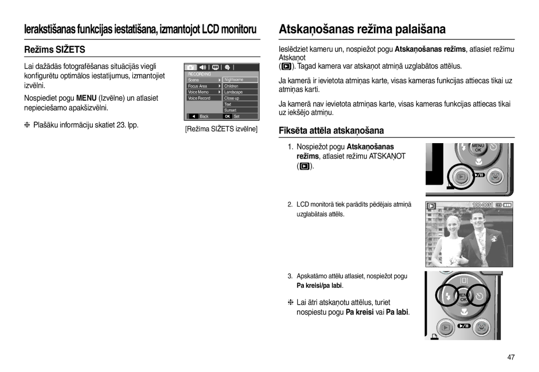 Samsung EC-L100ZSBA/RU, EC-L100ZBBA/RU manual Atskaņošanas režīma palaišana, Režīms Sižets, Fiksēta attēla atskaņošana 