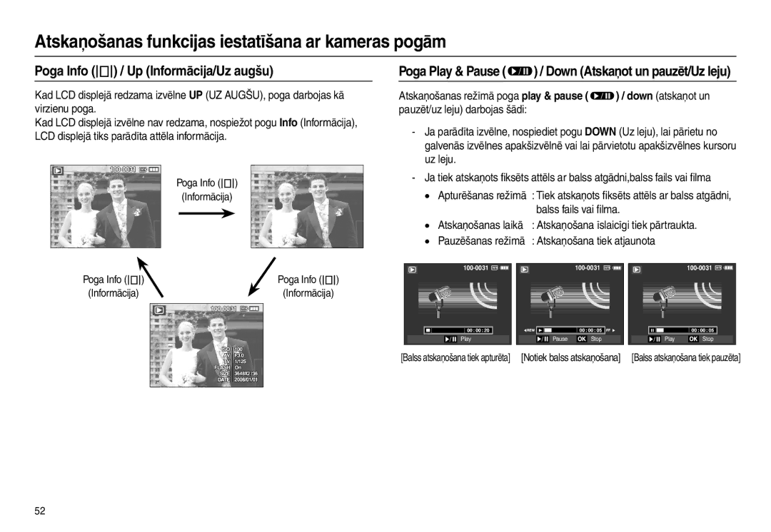 Samsung EC-L100ZBBA/RU manual Poga Info  / Up Informācija/Uz augšu, Poga Play & Pause  / Down Atskaņot un pauzēt/Uz leju 