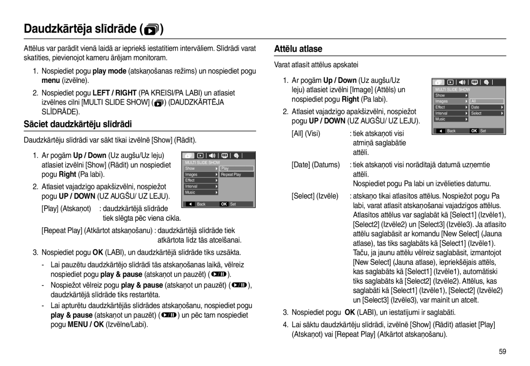 Samsung EC-L100ZSBA/RU, EC-L100ZBBA/RU manual Daudzkārtēja slīdrāde , Attēlu atlase, Sāciet daudzkārtēju slīdrādi 