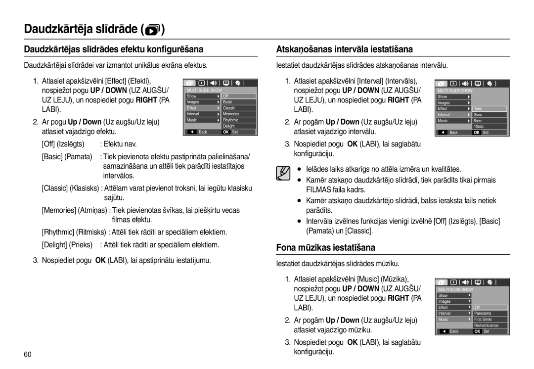 Samsung EC-L100ZBBA/RU, EC-L100ZSBA/RU Daudzkārtējas slīdrādes efektu konﬁgurēšana, Atskaņošanas intervāla iestatīšana 