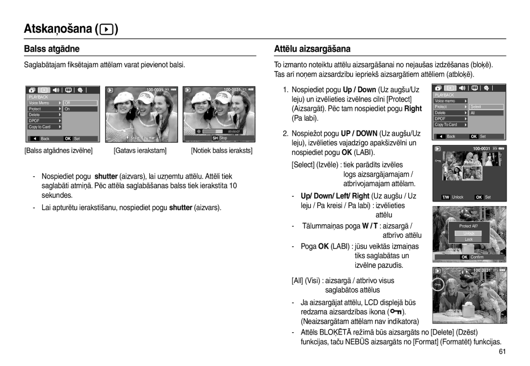 Samsung EC-L100ZSBA/RU, EC-L100ZBBA/RU manual Atskaņošana , Attēlu aizsargāšana 