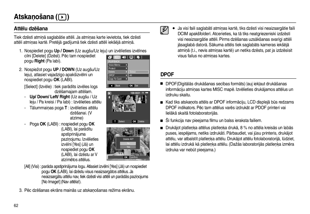 Samsung EC-L100ZBBA/RU, EC-L100ZSBA/RU manual Attēlu dzēšana, Up/ Down/ Left/ Right Uz augšu / Uz 