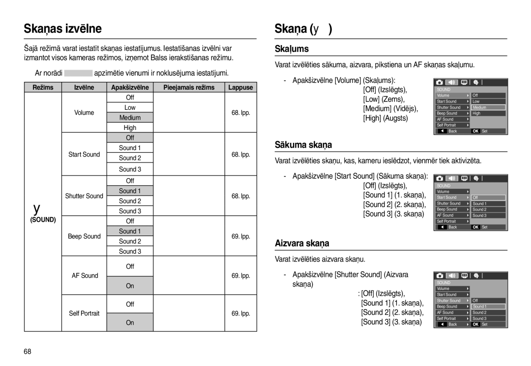 Samsung EC-L100ZBBA/RU, EC-L100ZSBA/RU manual Skaņas izvēlne, Skaņa , Skaļums, Sākuma skaņa, Aizvara skaņa 