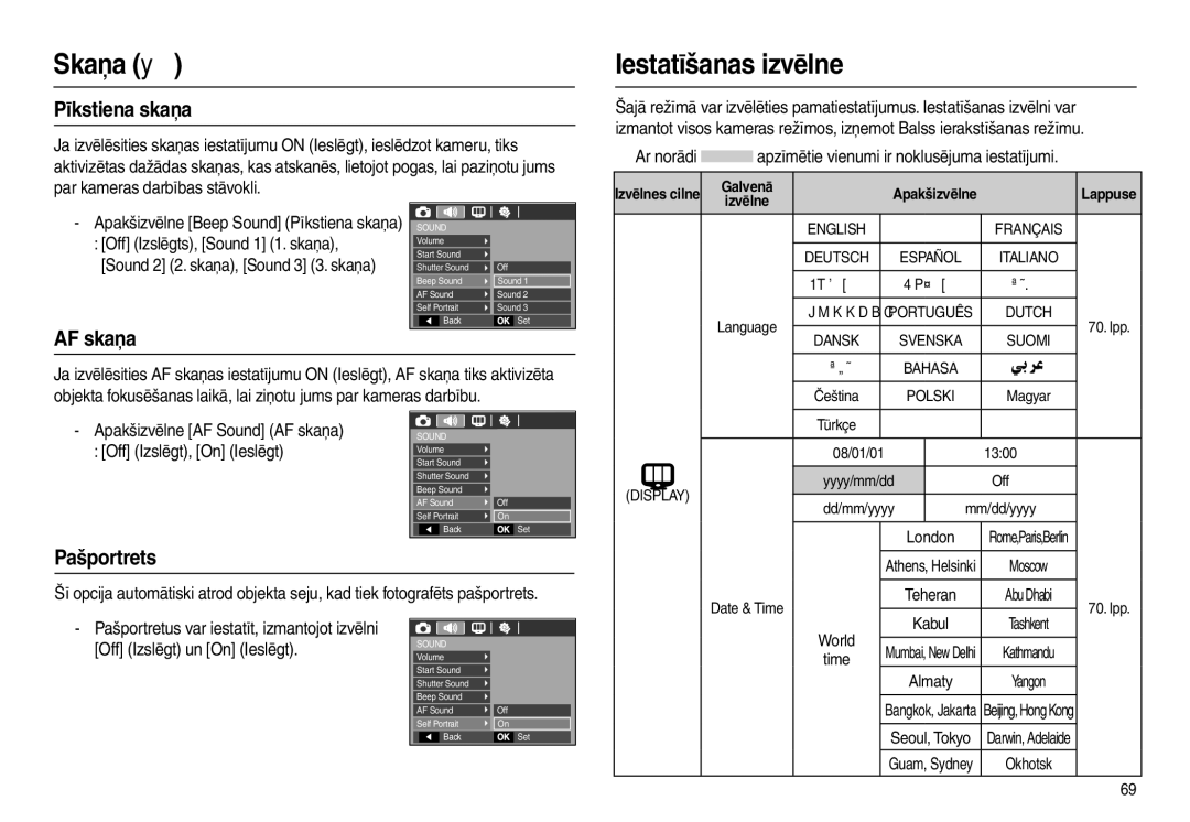 Samsung EC-L100ZSBA/RU, EC-L100ZBBA/RU manual Iestatīšanas izvēlne, Pīkstiena skaņa, AF skaņa, Pašportrets, „ Ar norādi 