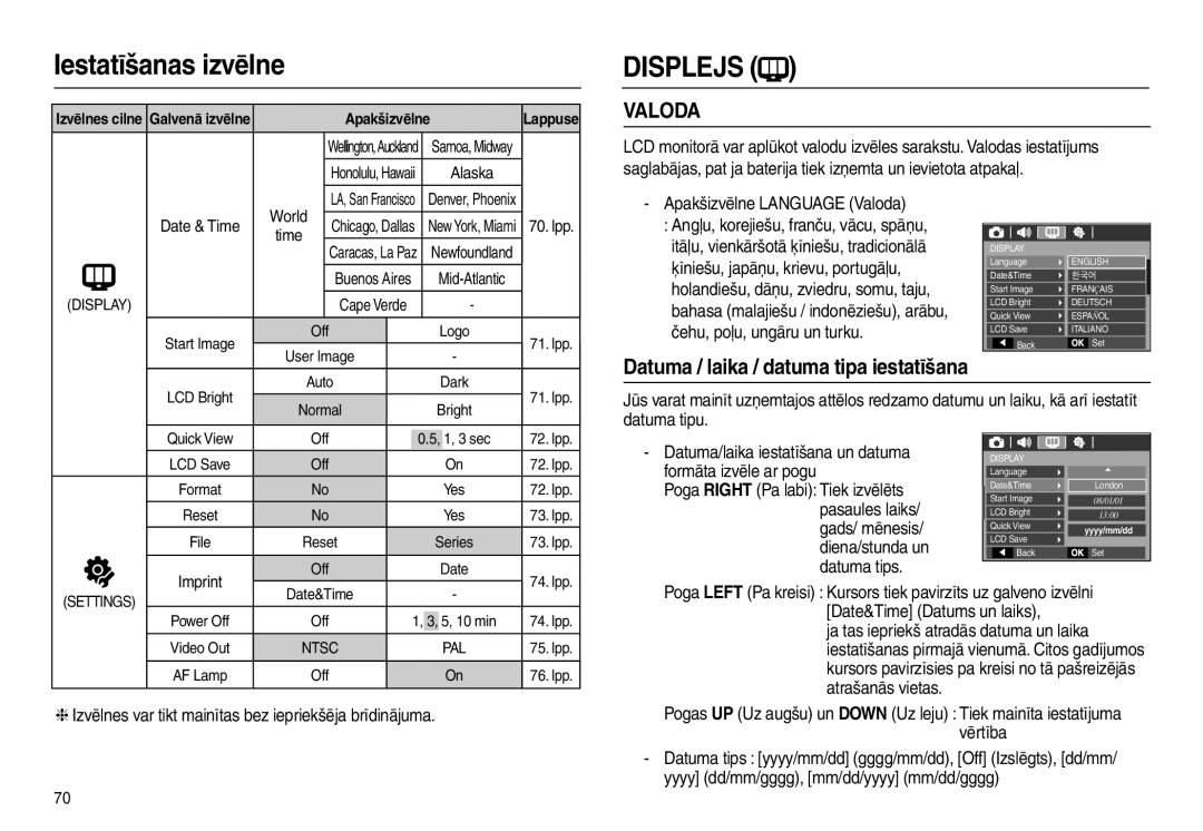 Samsung EC-L100ZBBA/RU, EC-L100ZSBA/RU manual Datuma / laika / datuma tipa iestatīšana, Apakšizvēlne Language Valoda 