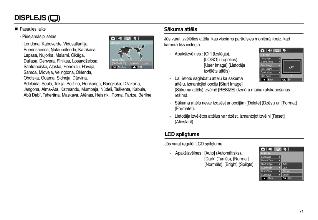 Samsung EC-L100ZSBA/RU, EC-L100ZBBA/RU manual Sākuma attēls, LCD spilgtums, Sanfrancisko, Aļaska, Honolulu, Havaja 