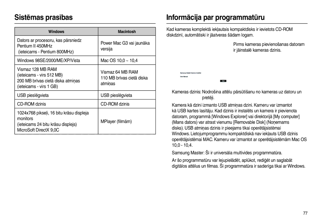 Samsung EC-L100ZSBA/RU, EC-L100ZBBA/RU manual Sistēmas prasības, Informācija par programmatūru 