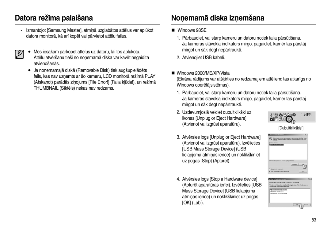 Samsung EC-L100ZSBA/RU, EC-L100ZBBA/RU manual Noņemamā diska izņemšana, Atvienot vai izgrūst aparatūru 