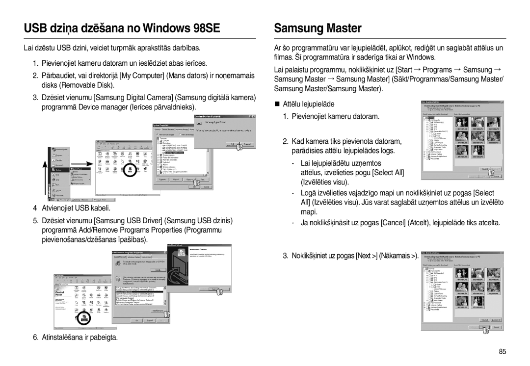 Samsung EC-L100ZSBA/RU, EC-L100ZBBA/RU manual USB dziņa dzēšana no Windows 98SE, Samsung Master 