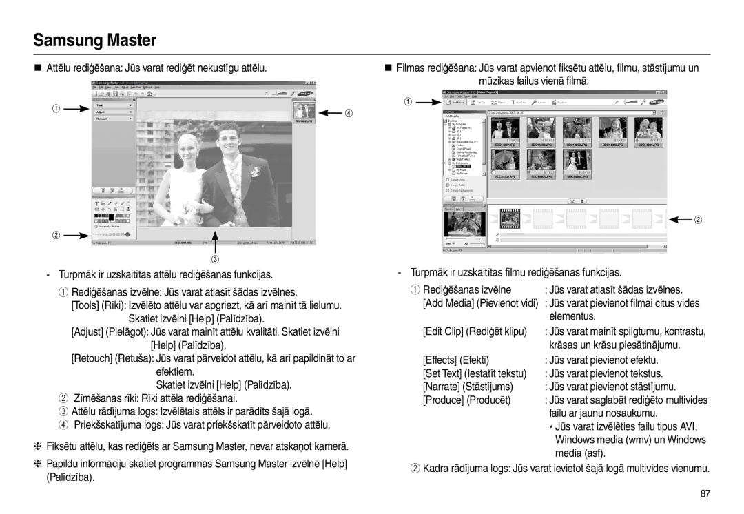 Samsung EC-L100ZSBA/RU manual Elementus, Edit Clip Rediģēt klipu, Krāsas un krāsu piesātinājumu, Failu ar jaunu nosaukumu 