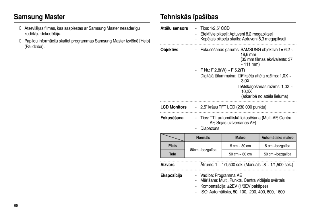 Samsung EC-L100ZBBA/RU, EC-L100ZSBA/RU manual Tehniskās īpašības 