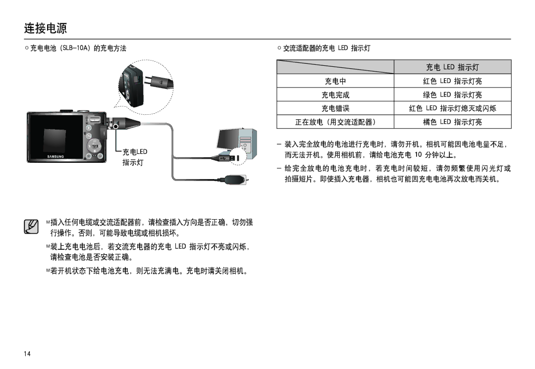 Samsung EC-L100ZRBA/E1, EC-L100ZUDA/E3, EC-L100ZBDA/E3 manual 充电电池 SLB-10A的充电方法 充电LED 指示灯 交流适配器的充电 LED 指示灯, 充电中, 正在放电 用交流适配器 