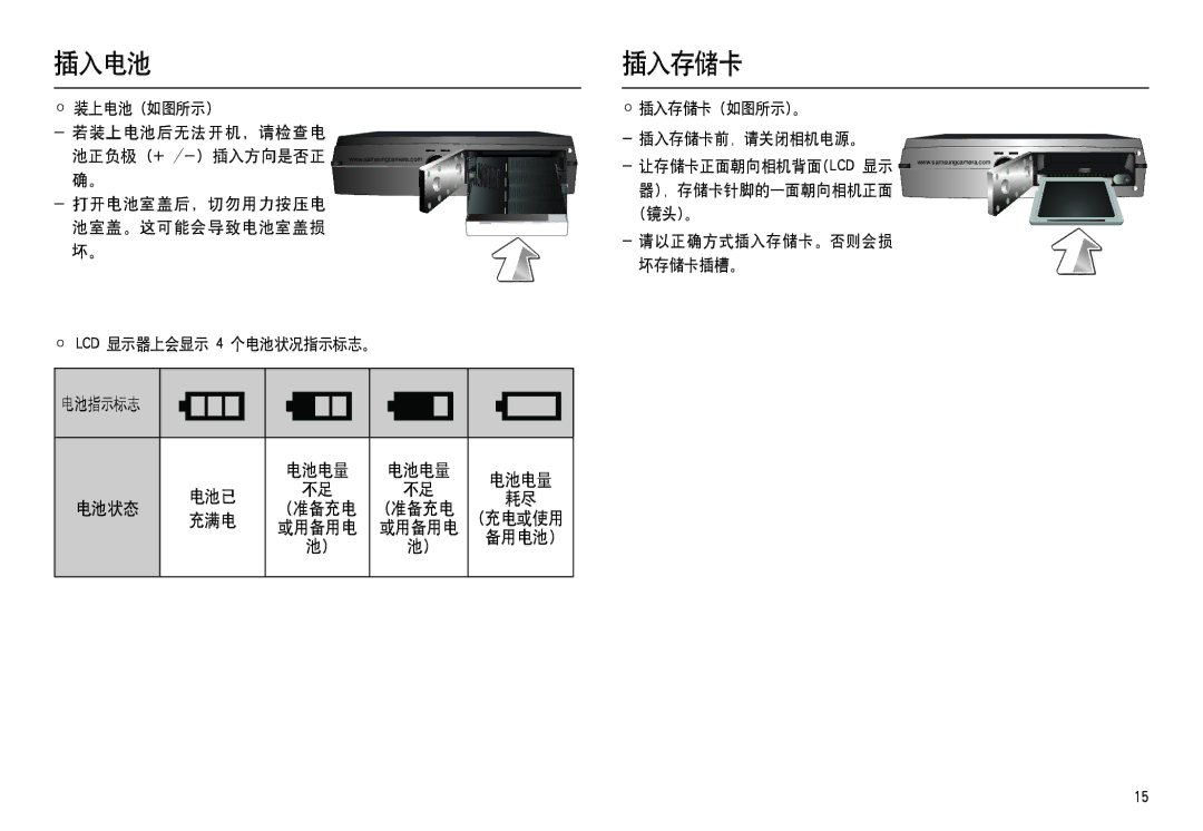 Samsung EC-L100ZUBA/IT, EC-L100ZUDA/E3, EC-L100ZBDA/E3, EC-L100ZBBA/FR, EC-L100ZUBA/FR 插入电池, 电池指示标志, 电池电量 电池已 电池状态 准备充电, 充满电 