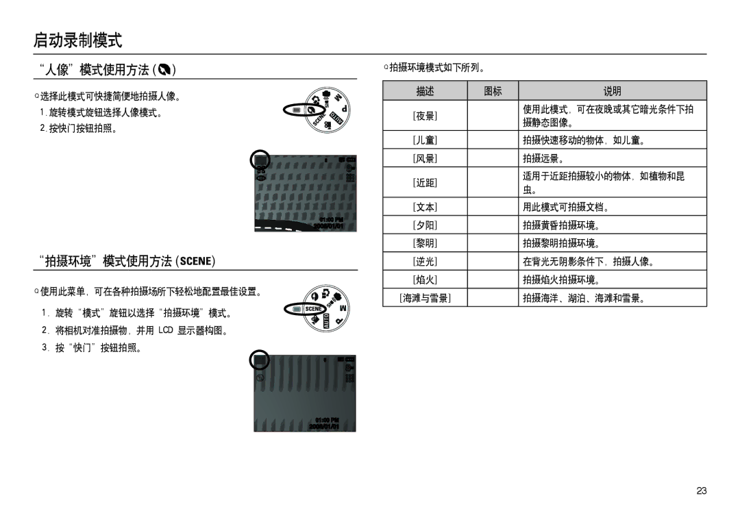 Samsung EC-L100ZBHA/E3, EC-L100ZUDA/E3, EC-L100ZBDA/E3, EC-L100ZBBA/FR, EC-L100ZUBA/FR, EC-L100ZSDA/E3 人像模式使用方法, 拍摄环境模式使用方法 