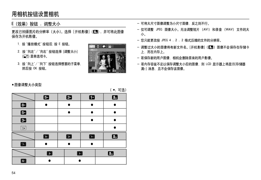 Samsung EC-L100ZPHA/E3, EC-L100ZUDA/E3, EC-L100ZBDA/E3 manual 效果 按钮 调整大小, 更改已拍摄图片的分辨率 大小。选择［开机影像］ ，并可将此图像 保存为开机影像。, 图像调整大小类型 