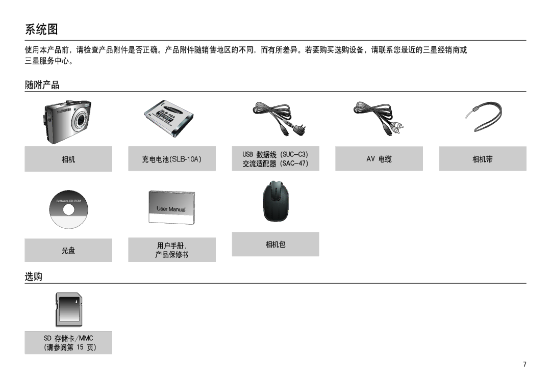 Samsung EC-L100ZRBA/FR, EC-L100ZUDA/E3, EC-L100ZBDA/E3, EC-L100ZBBA/FR manual 系统图, 随附产品, 相机带, 用户手册 相机包, SD 存储卡/MMC 请参阅第 15 页 