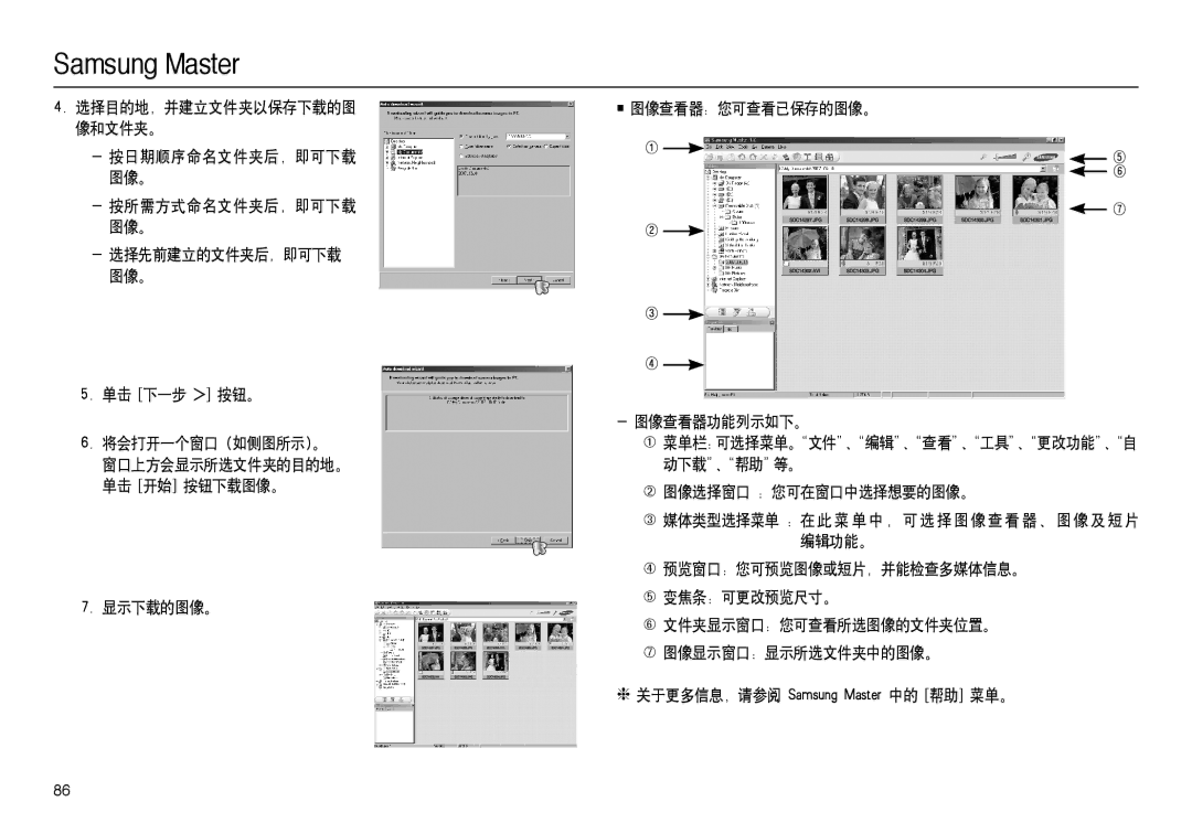 Samsung EC-L100ZRHA/E3, EC-L100ZUDA/E3 按日期顺序命名文件夹后，即可下载 图像。 按所需方式命名文件夹后，即可下载 图像。, 显示下载的图像。 图像查看器：您可查看已保存的图像。 图像查看器功能列示如下。 