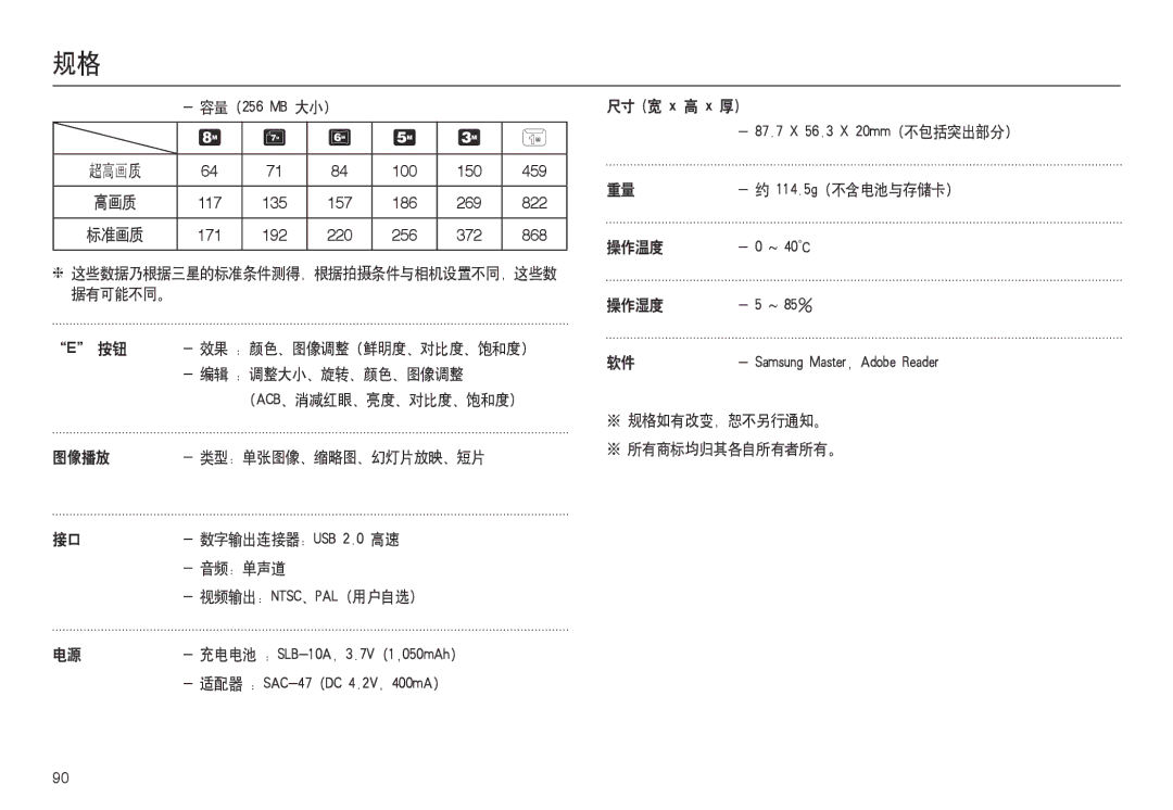 Samsung EC-L100ZBDA/E3, EC-L100ZUDA/E3 manual 编辑 调整大小、旋转、颜色、图像调整, 图像播放 类型：单张图像、缩略图、幻灯片放映、短片, 音频：单声道, 尺寸 宽 x 高 x 厚, 操作温度 操作湿度 