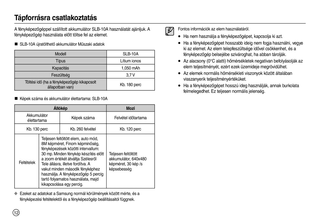 Samsung EC-L100ZUBA/E1, EC-L100ZUDA/E3, EC-L100ZBDA/E3 Ha nem használja a fényképezőgépet, kapcsolja ki azt, Állókép Mozi 