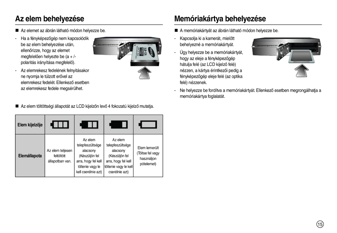 Samsung EC-L100ZUBA/IT, EC-L100ZUDA/E3, EC-L100ZBDA/E3, EC-L100ZBBA/FR, EC-L100ZUBA/FR manual Az elem behelyezése, Elemállapota 