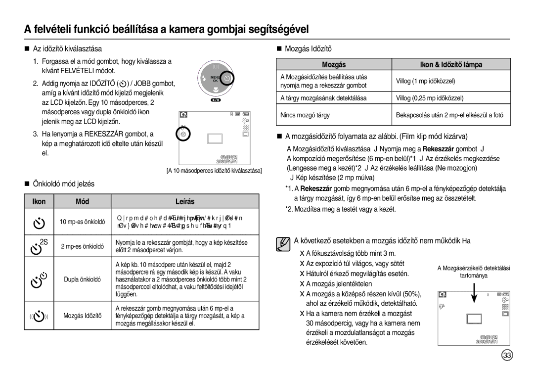 Samsung EC-L100ZSDA/E3, EC-L100ZUDA/E3, EC-L100ZBDA/E3 „ Az idõzítõ kiválasztása, „ Önkioldó mód jelzés, „ Mozgás Időzítő 