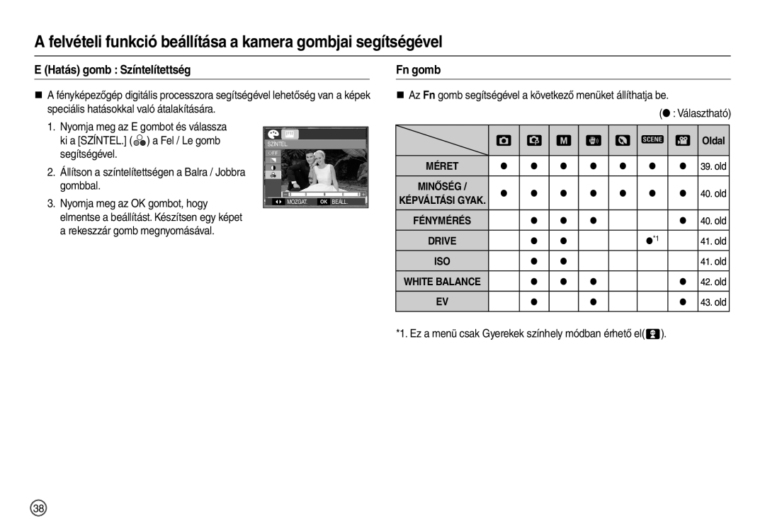 Samsung EC-L100ZBBB/E1 manual Hatás gomb Színtelítettség, Fn gomb, Ez a menü csak Gyerekek színhely módban érhető el 