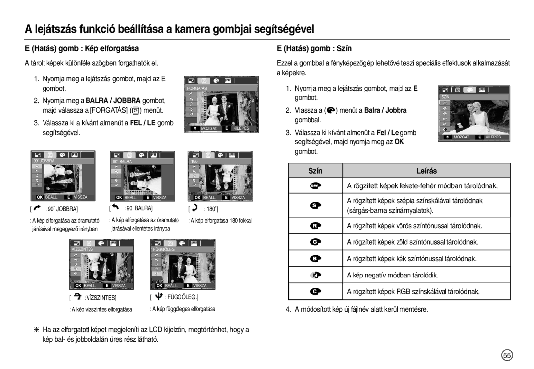 Samsung EC-L100ZSHA/E3 Hatás gomb Kép elforgatása Hatás gomb Szín,  a rögzített képek fekete-fehér módban tárolódnak 