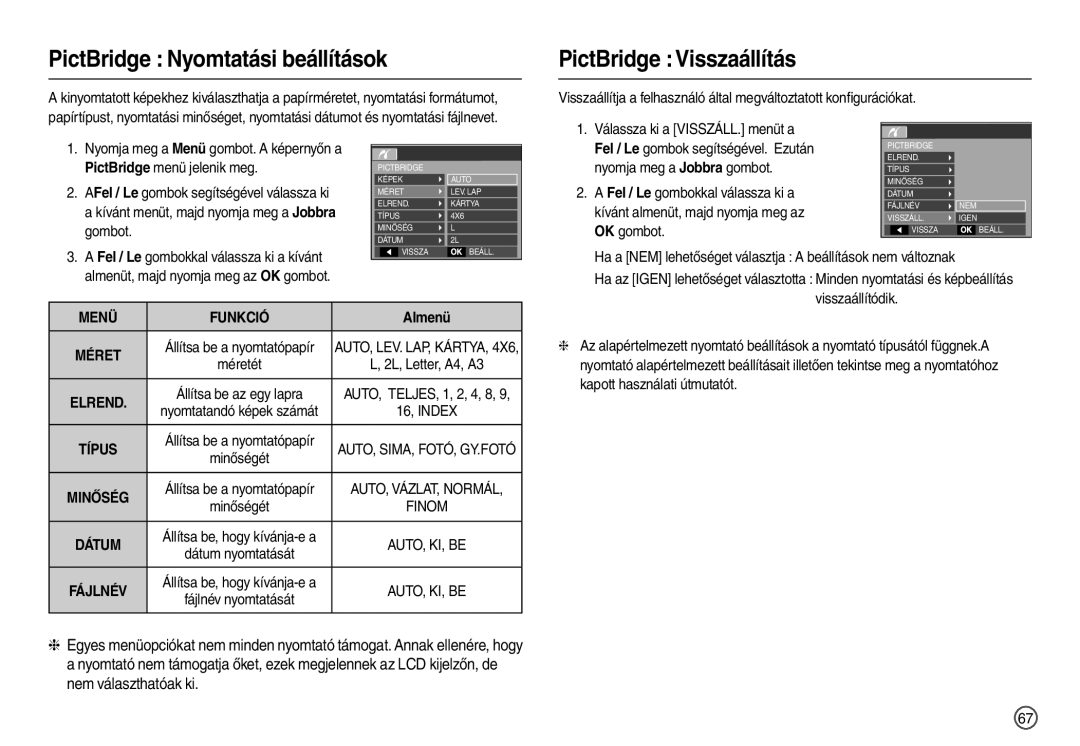 Samsung EC-L100ZRBA/FR, EC-L100ZUDA/E3, EC-L100ZBDA/E3 manual PictBridge Nyomtatási beállítások, PictBridge Visszaállítás 