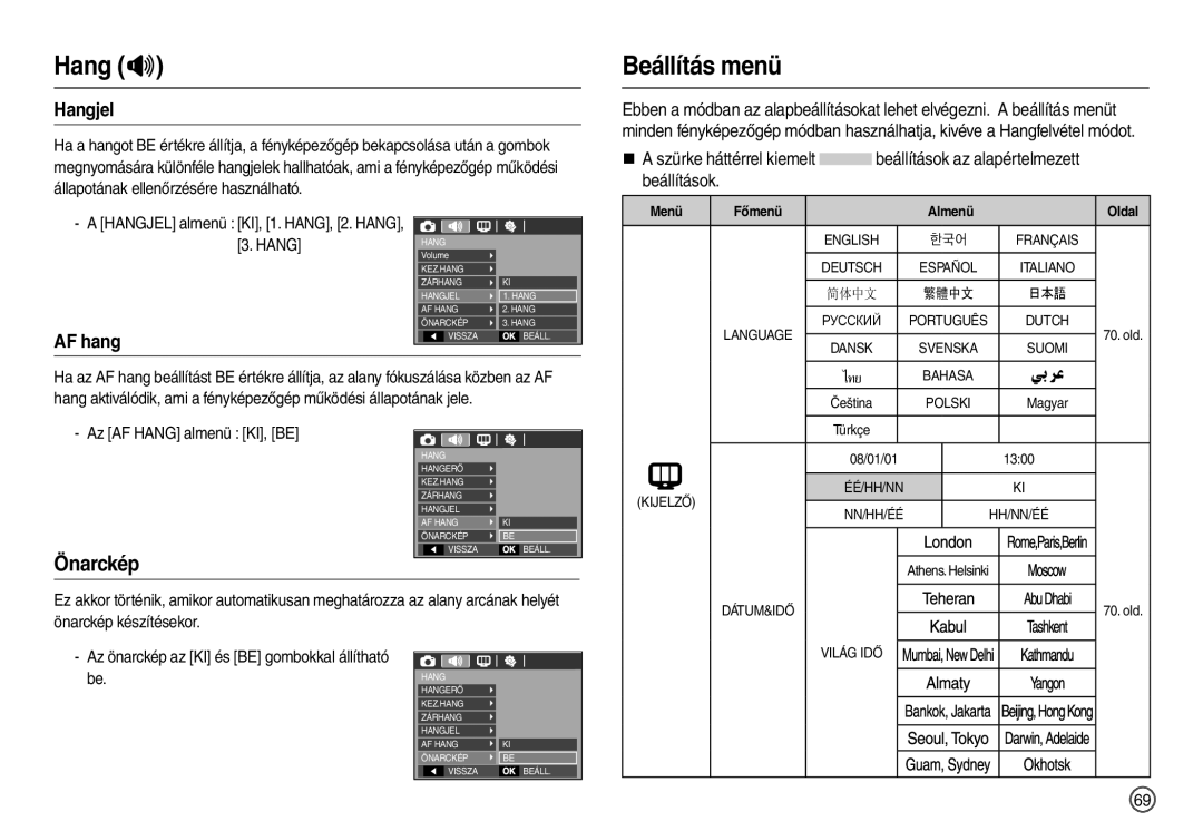 Samsung EC-L100ZSBA/E1, EC-L100ZUDA/E3, EC-L100ZBDA/E3, EC-L100ZBBA/FR, EC-L100ZUBA/FR manual Beállítás menü, Hangjel, AF hang 