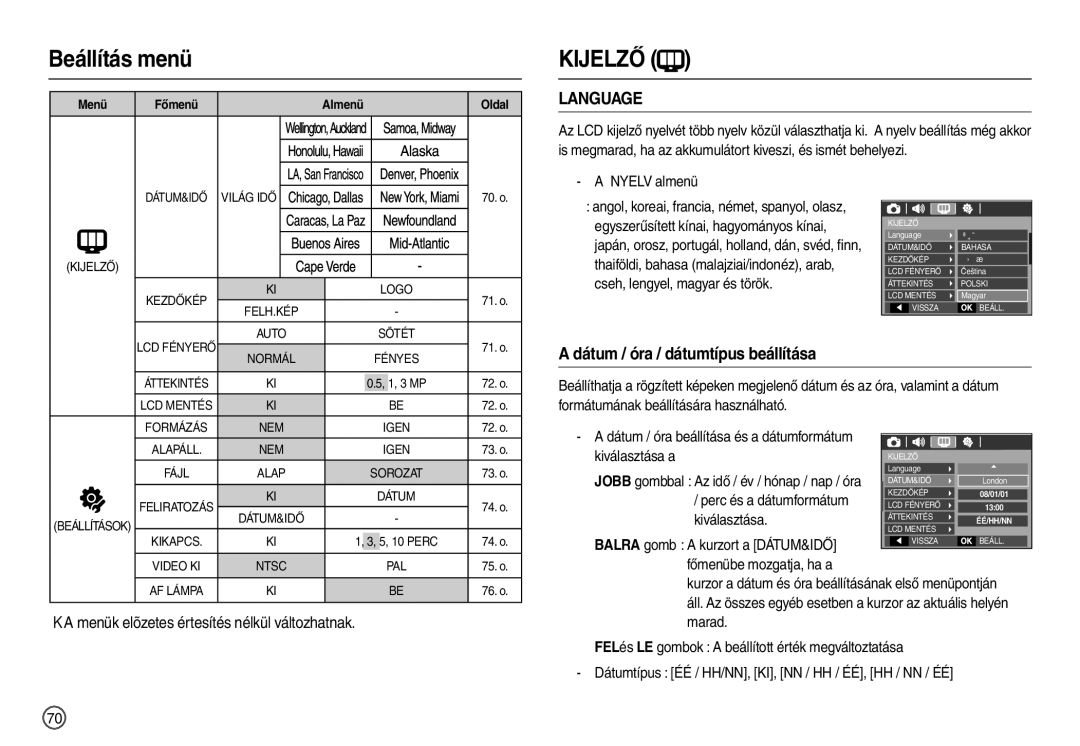 Samsung EC-L100ZPFB/IT, EC-L100ZUDA/E3, EC-L100ZBDA/E3, EC-L100ZBBA/FR manual Kijelző, Dátum / óra / dátumtípus beállítása 