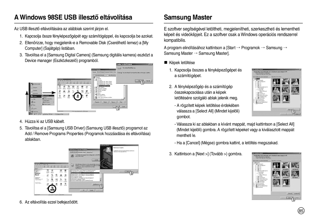 Samsung EC-L100ZSHA/E3, EC-L100ZUDA/E3, EC-L100ZBDA/E3 manual Windows 98SE USB illesztő eltávolítása, Samsung Master 