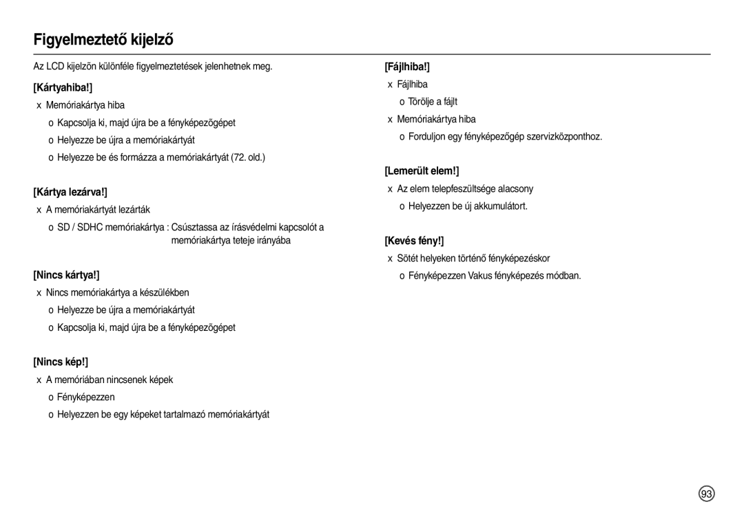 Samsung EC-L100ZSDA/E3, EC-L100ZUDA/E3, EC-L100ZBDA/E3, EC-L100ZBBA/FR, EC-L100ZUBA/FR manual Figyelmeztető kijelző, Kártyahiba 