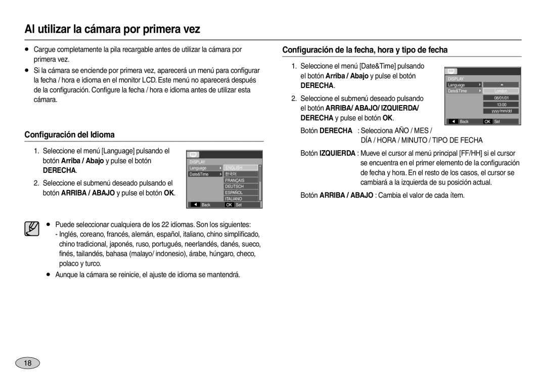 Samsung EC-L100ZRFA/E1 Al utilizar la cámara por primera vez, Conﬁguración del Idioma, DÍA / Hora / Minuto / Tipo DE Fecha 