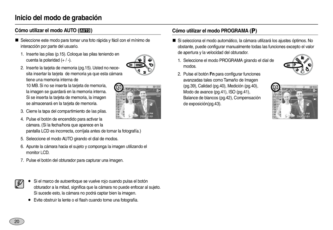 Samsung EC-L100ZSBA/GB manual Inicio del modo de grabación, Cómo utilizar el modo Auto, Cómo utilizar el modo Programa 