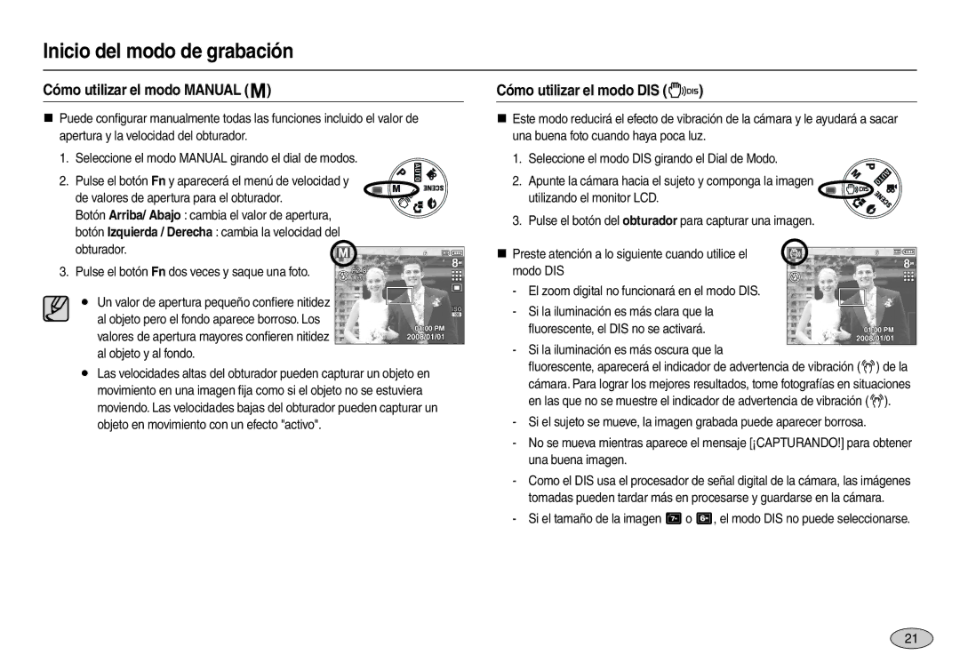 Samsung EC-L100ZSFC/E1, EC-L100ZUDA/E3, EC-L100ZBDA/E3 manual Cómo utilizar el modo Manual, Cómo utilizar el modo DIS 