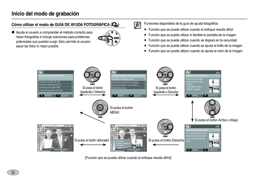 Samsung EC-L100ZRFE/ZA, EC-L100ZUDA/E3, EC-L100ZBDA/E3 manual Cómo utilizar el modo de Guía DE Ayuda Fotográfica, Menú 