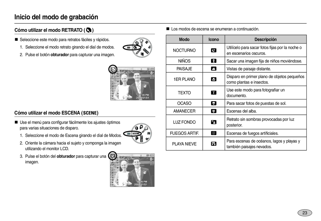 Samsung EC-L100ZRBA/AS, EC-L100ZUDA/E3 Cómo utilizar el modo Retrato, Cómo utilizar el modo Escena, Modo Icono Descripción 