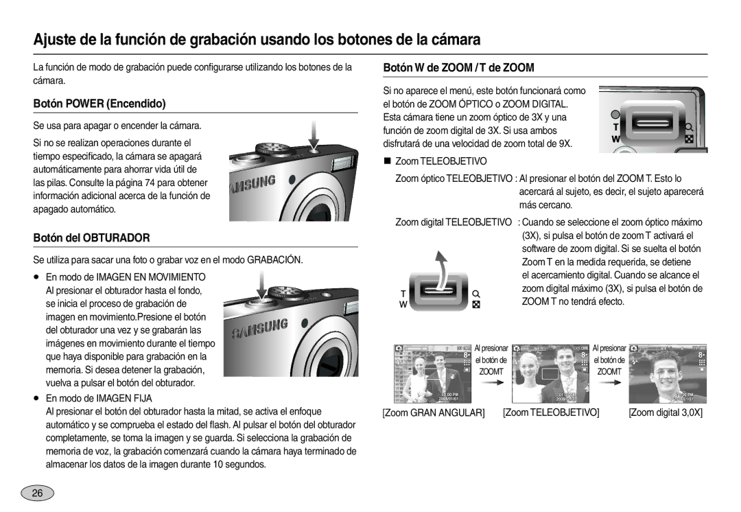 Samsung EC-L100ZUFA/E1, EC-L100ZUDA/E3 manual Botón Power Encendido, Botón del Obturador, Botón W de Zoom / T de Zoom 