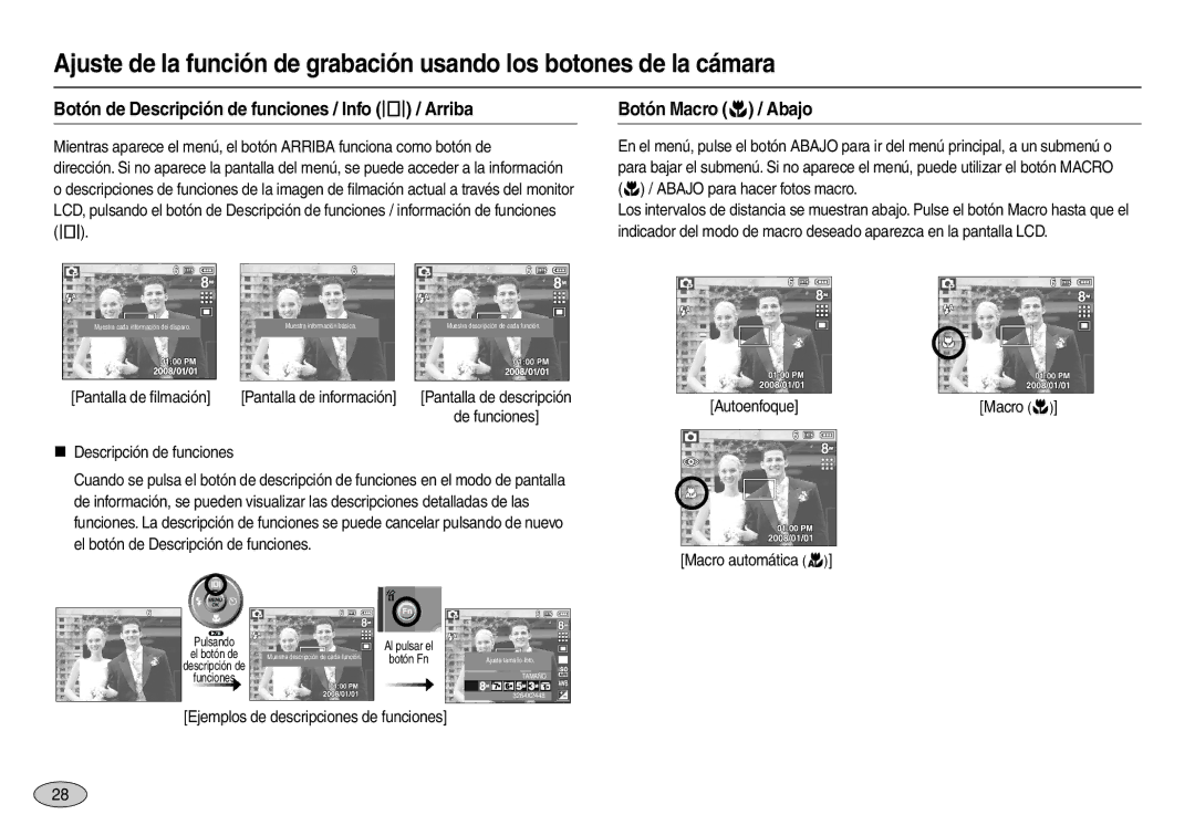 Samsung EC-L100ZSFB/E1, EC-L100ZUDA/E3 manual Botón de Descripción de funciones / Info  / Arriba, Botón Macro  / Abajo 