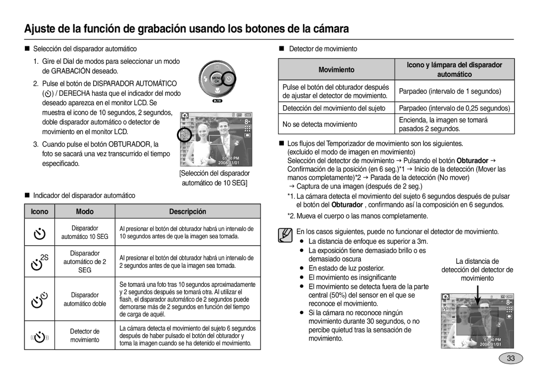 Samsung EC-L100ZSDA/E3, EC-L100ZUDA/E3 Icono Modo Descripción, Seg, Movimiento Icono y lámpara del disparador Automático 