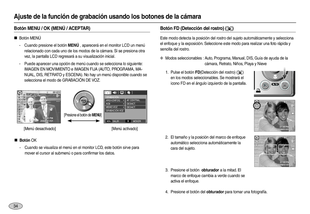 Samsung EC-L100ZRDA/E3, EC-L100ZUDA/E3 manual Botón Menu / OK Menú / Aceptar, Botón FD Detección del rostro , „ Botón OK 