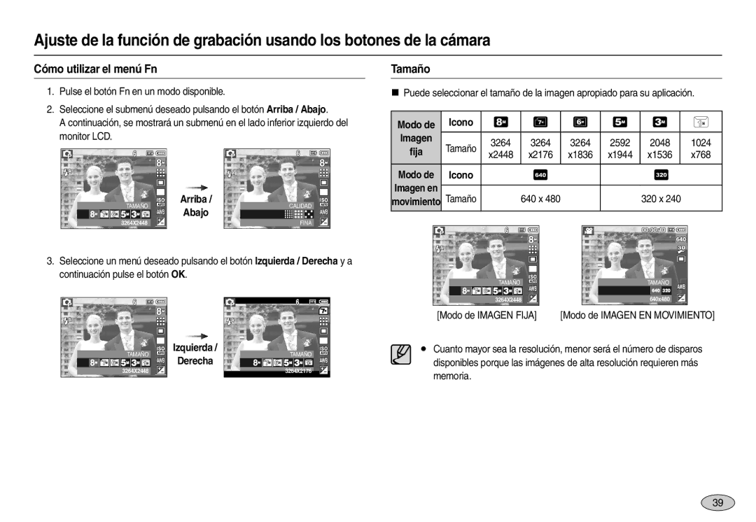 Samsung EC-L100ZUBA/E1, EC-L100ZUDA/E3, EC-L100ZBDA/E3, EC-L100ZSDA/E3, EC-L100ZRDA/E3 manual Cómo utilizar el menú Fn, Tamaño 