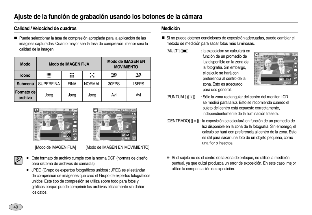 Samsung EC-L100ZBBA/E1, EC-L100ZUDA/E3, EC-L100ZBDA/E3, EC-L100ZSDA/E3 manual Calidad / Velocidad de cuadros, Medición 