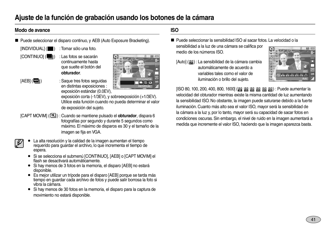 Samsung EC-L100ZRBA/E1, EC-L100ZUDA/E3, EC-L100ZBDA/E3 manual Modo de avance, Iso, Individual , Continuo , Obturador 