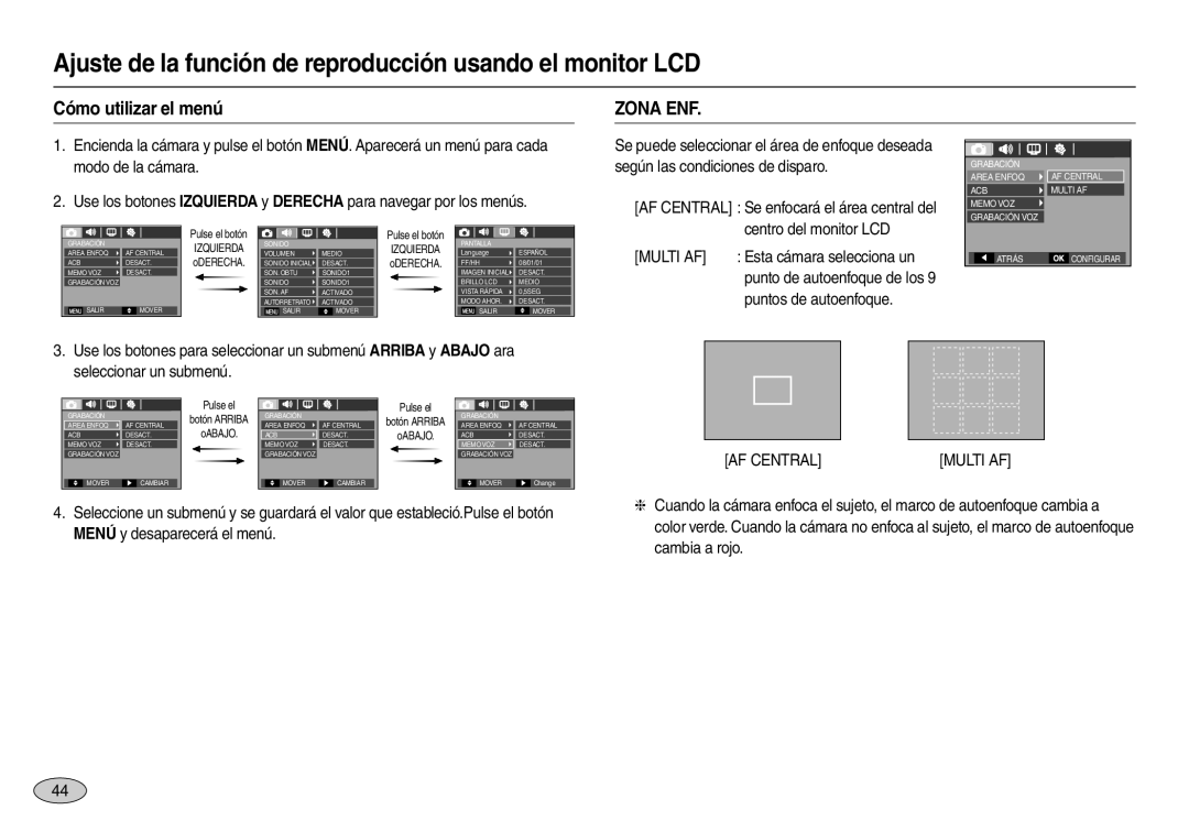 Samsung EC-L100ZPBC/E1 manual Ajuste de la función de reproducción usando el monitor LCD, Cómo utilizar el menú, Zona ENF 