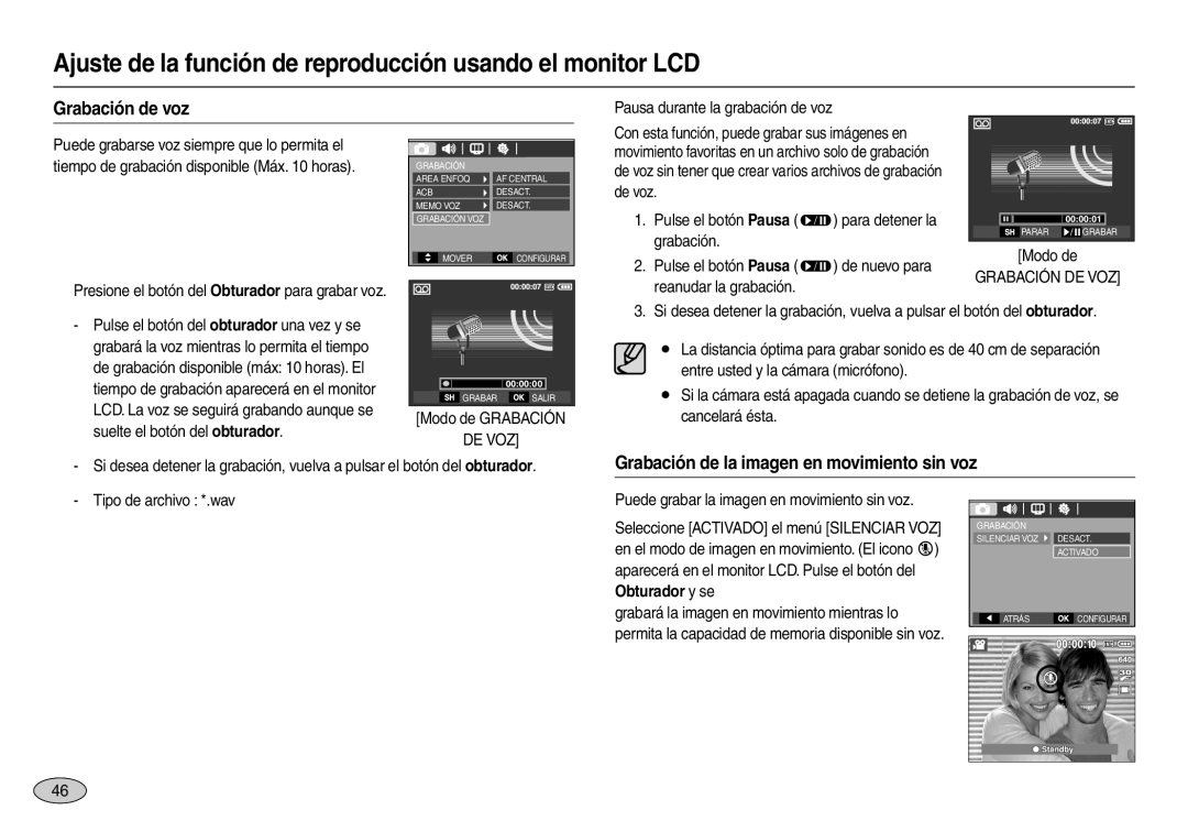 Samsung EC-L100ZPFE/ZA, EC-L100ZUDA/E3, EC-L100ZBDA/E3 manual Grabación de voz, Grabación de la imagen en movimiento sin voz 