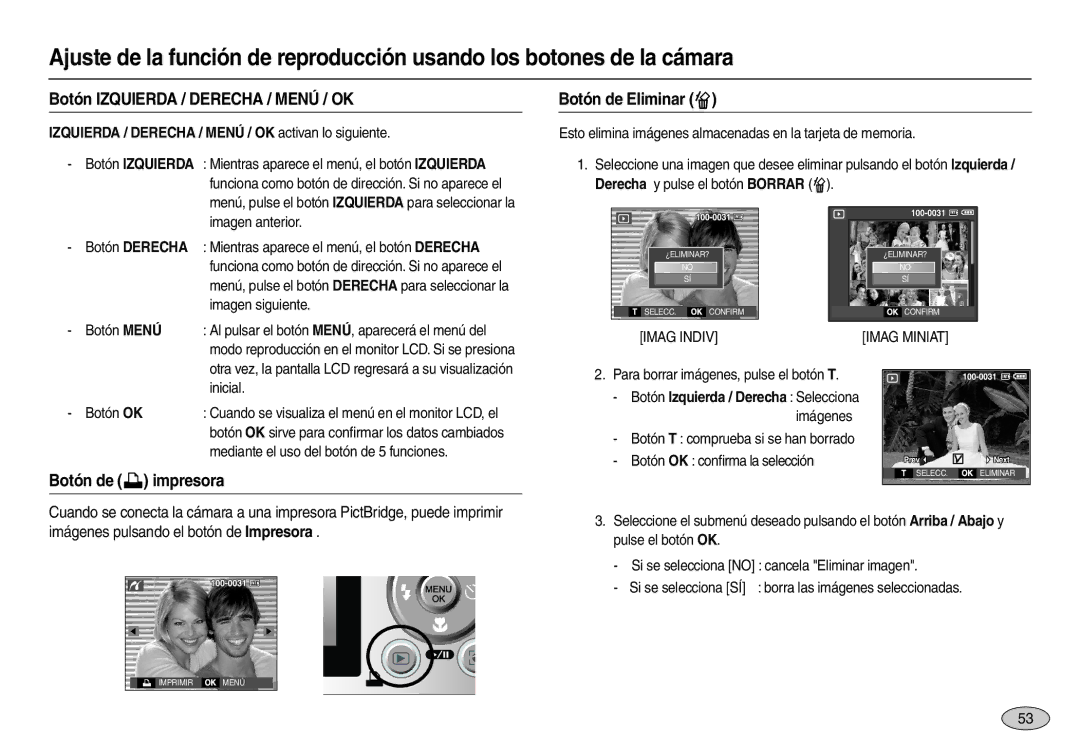 Samsung EC-L100ZSFC/E1, EC-L100ZUDA/E3 Botón Izquierda / Derecha / Menú / OK, Botón de Eliminar , Botón de  impresora 