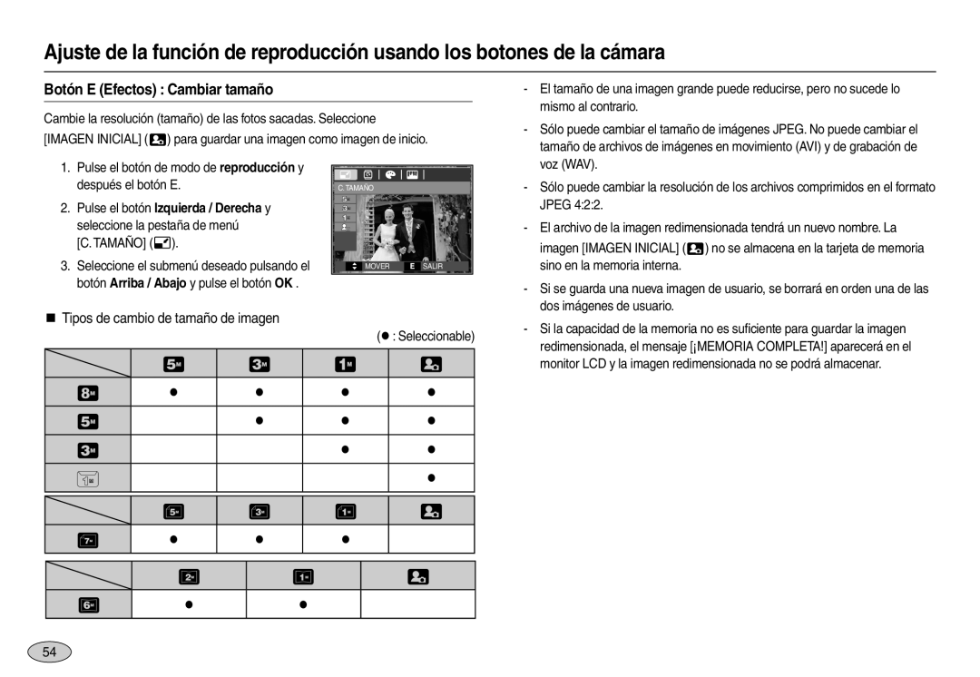 Samsung EC-L100ZRFE/ZA, EC-L100ZUDA/E3 manual Botón E Efectos Cambiar tamaño, „ Tipos de cambio de tamaño de imagen 