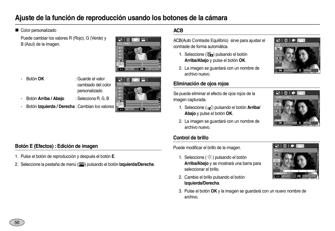 Samsung EC-L100ZBBA/GB, EC-L100ZUDA/E3 Acb, Eliminación de ojos rojos, Control de brillo Botón E Efectos Edición de imagen 